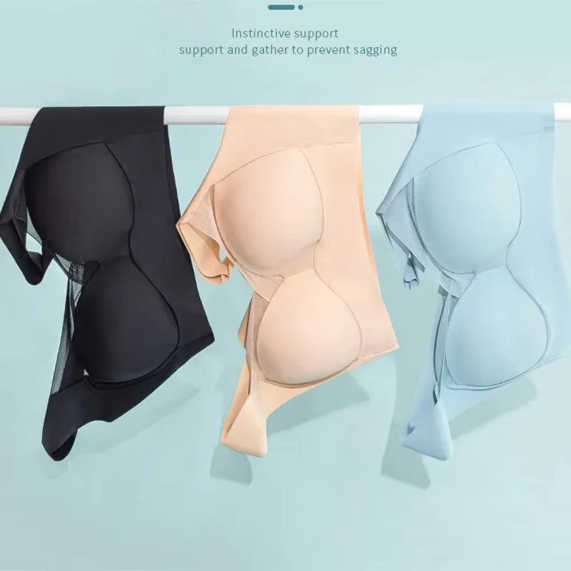 Ice Silk Seamless Fixed Cup Bra Thin Gathered Backless Wireless Sports Bra Comfortable Underwear Natural Feel Home Clothes