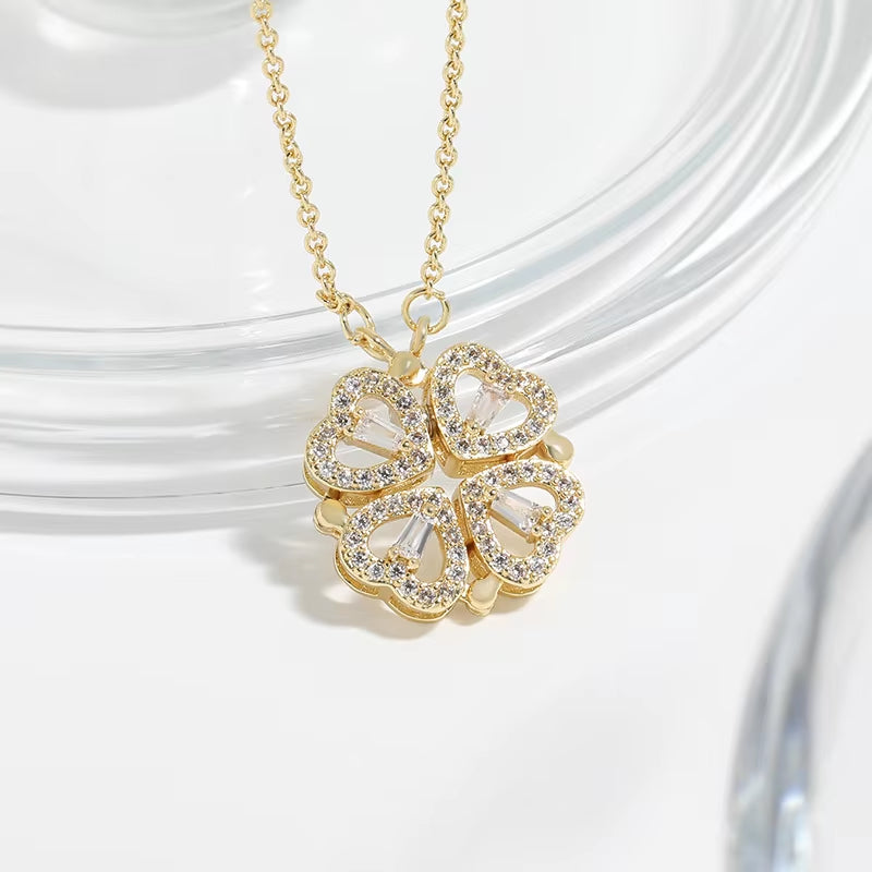 Luxury Lucky Four Leaf Clover Necklace Love Heart Shell Pendant Choker Necklace for Women Stainless Steel Jewelry Gift