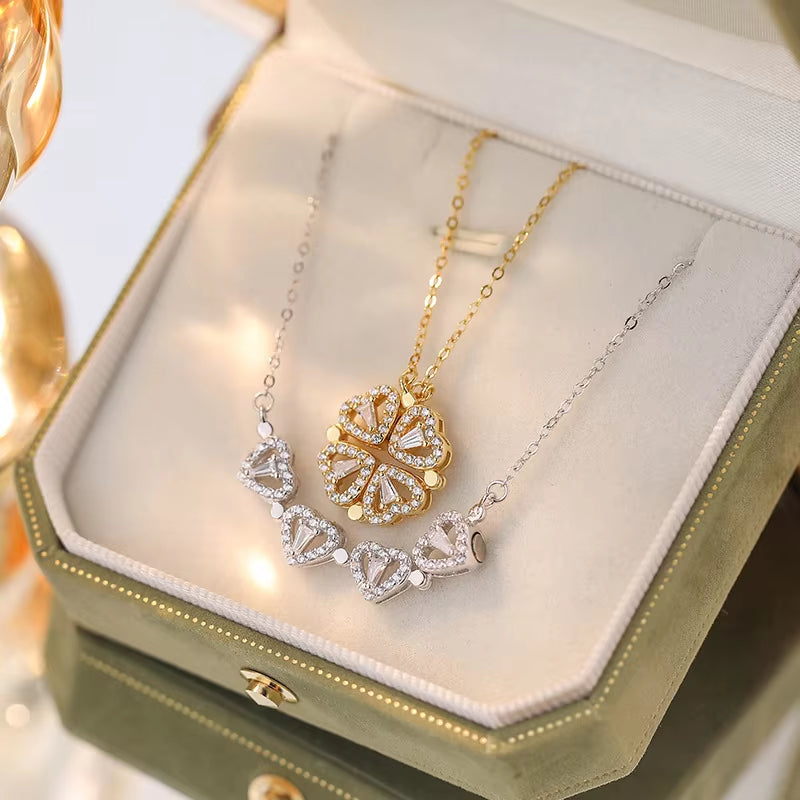 Luxury Lucky Four Leaf Clover Necklace Love Heart Shell Pendant Choker Necklace for Women Stainless Steel Jewelry Gift